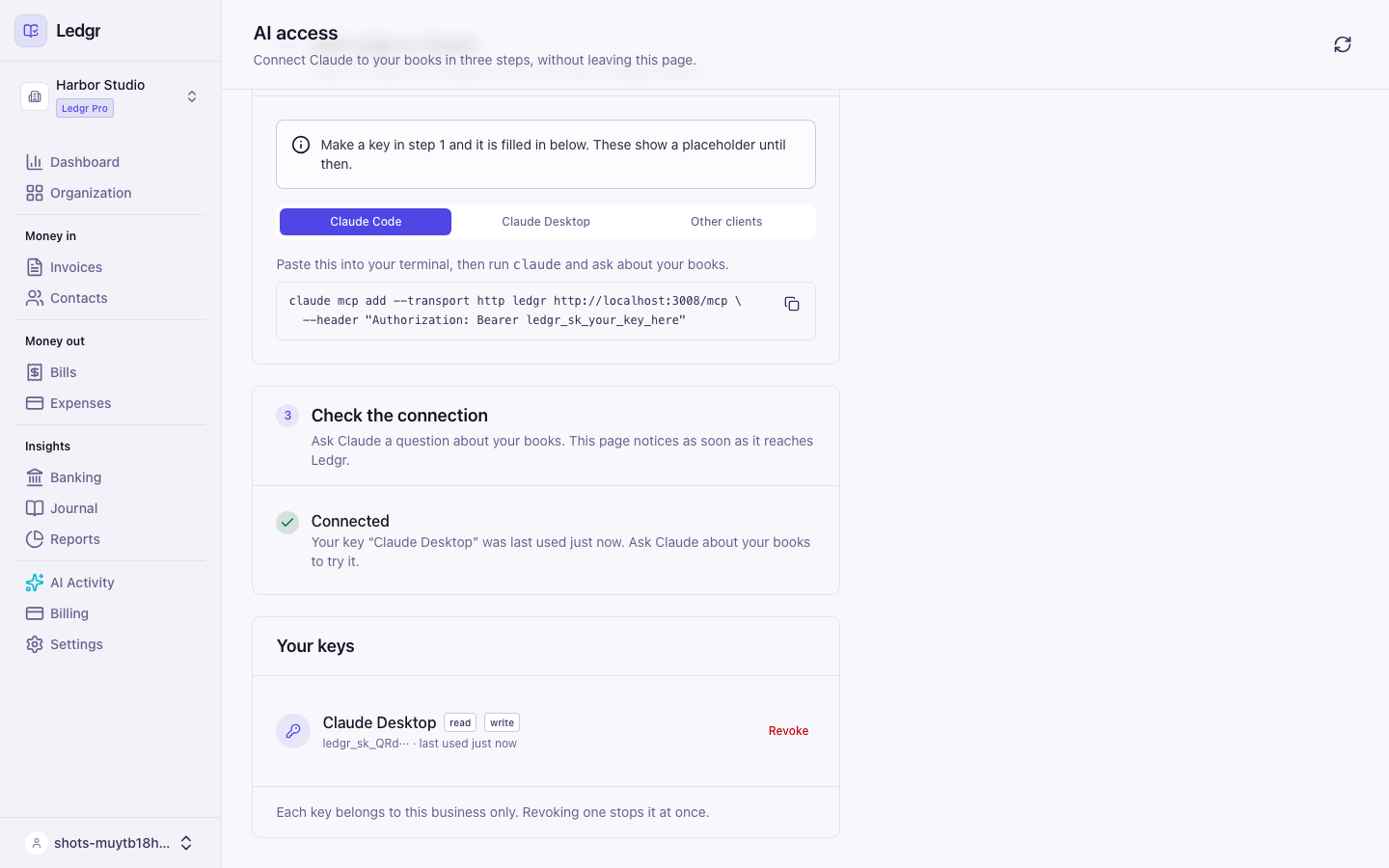 The AI access page showing a connected Claude, the setup text and the list of keys