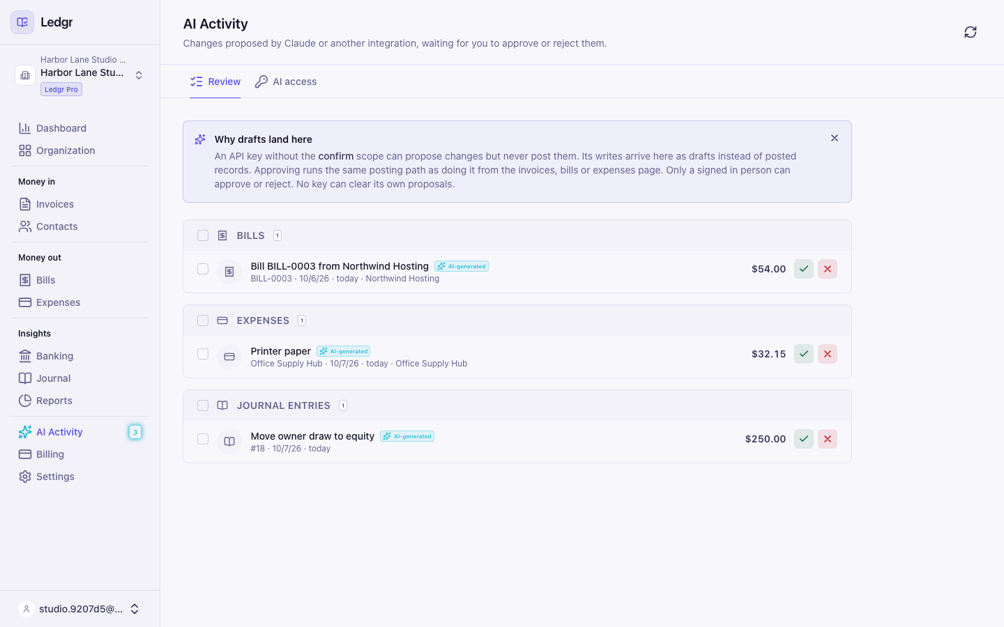 The AI Activity page with a draft bill, a draft expense, and a draft journal entry waiting for review