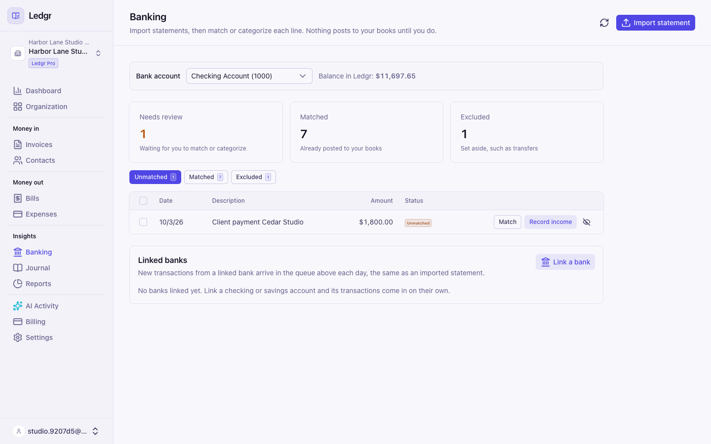The Linked banks section on the Books page of a Pro Organization with a Link a bank button and no banks linked yet
