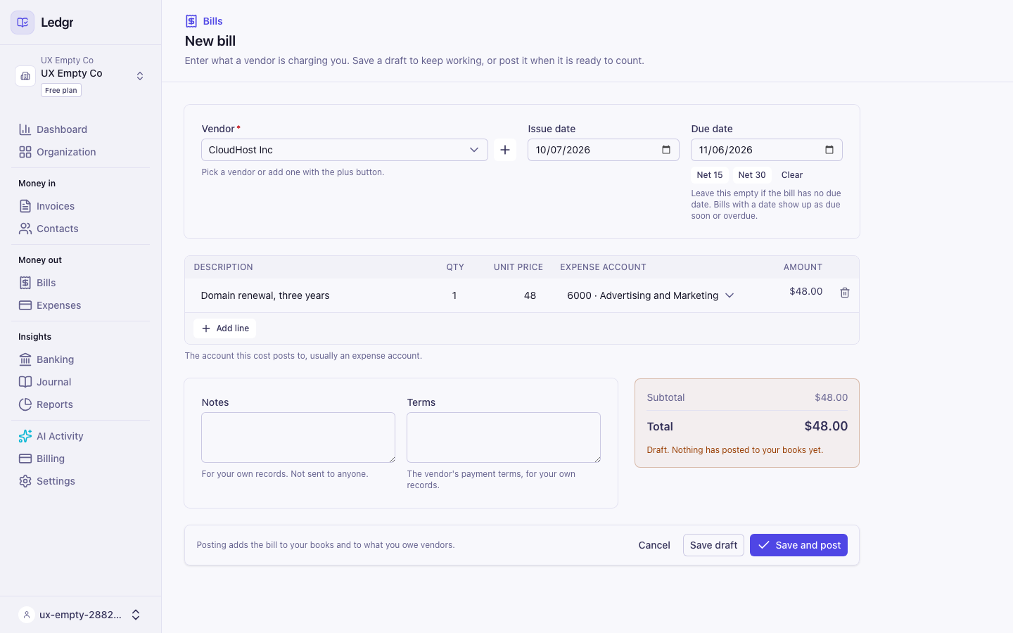 The New bill page with CloudHost Inc as the vendor, a Net 30 due date, one line for a domain renewal, and Save draft and Save and post buttons at the bottom