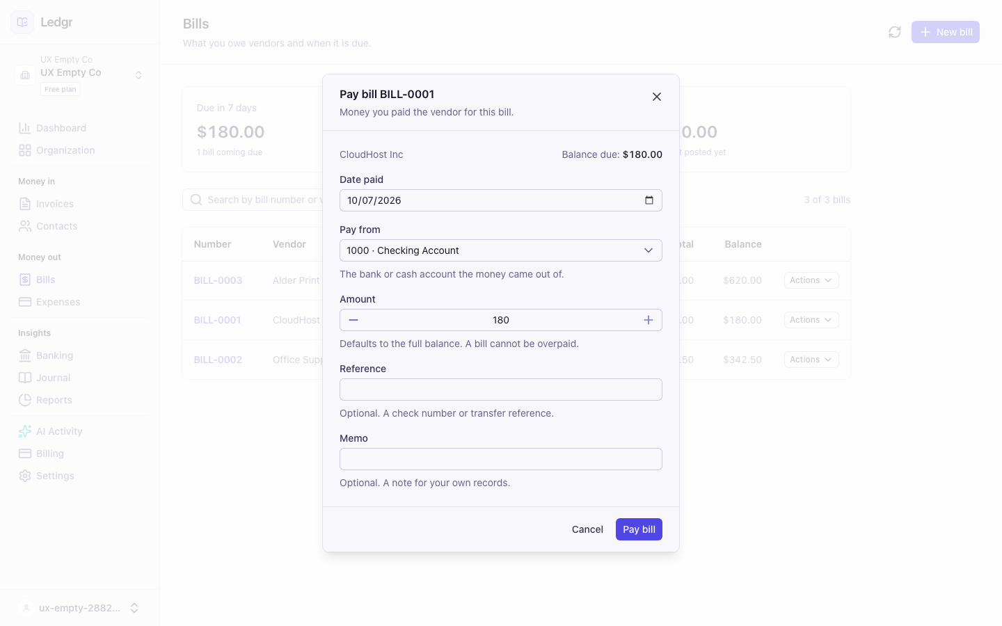 The Pay bill window with the date paid, the account to pay from, the amount, a reference, and a memo