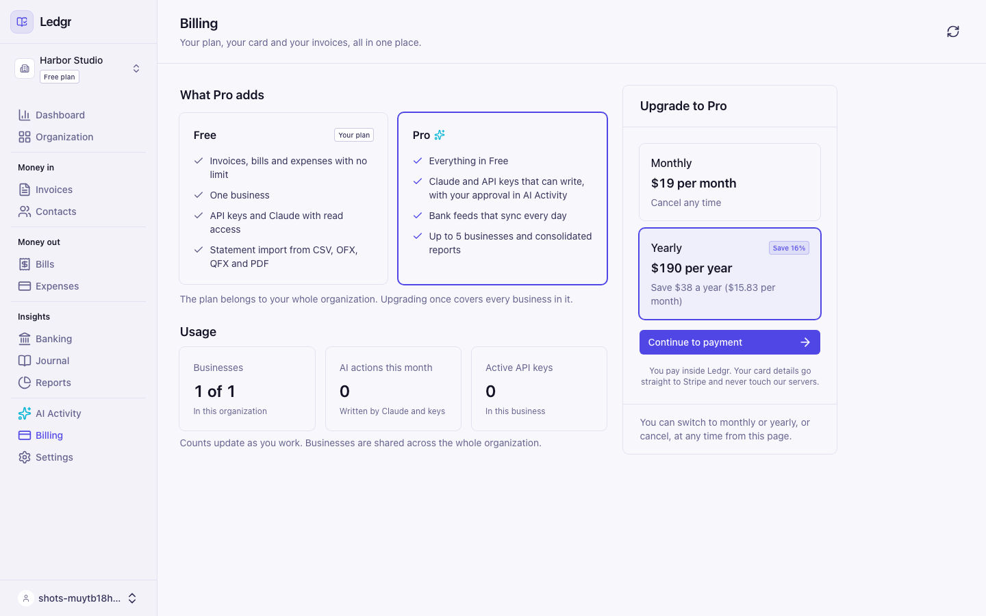 The Billing page on the Free plan with the comparison of Free and Pro and the upgrade form