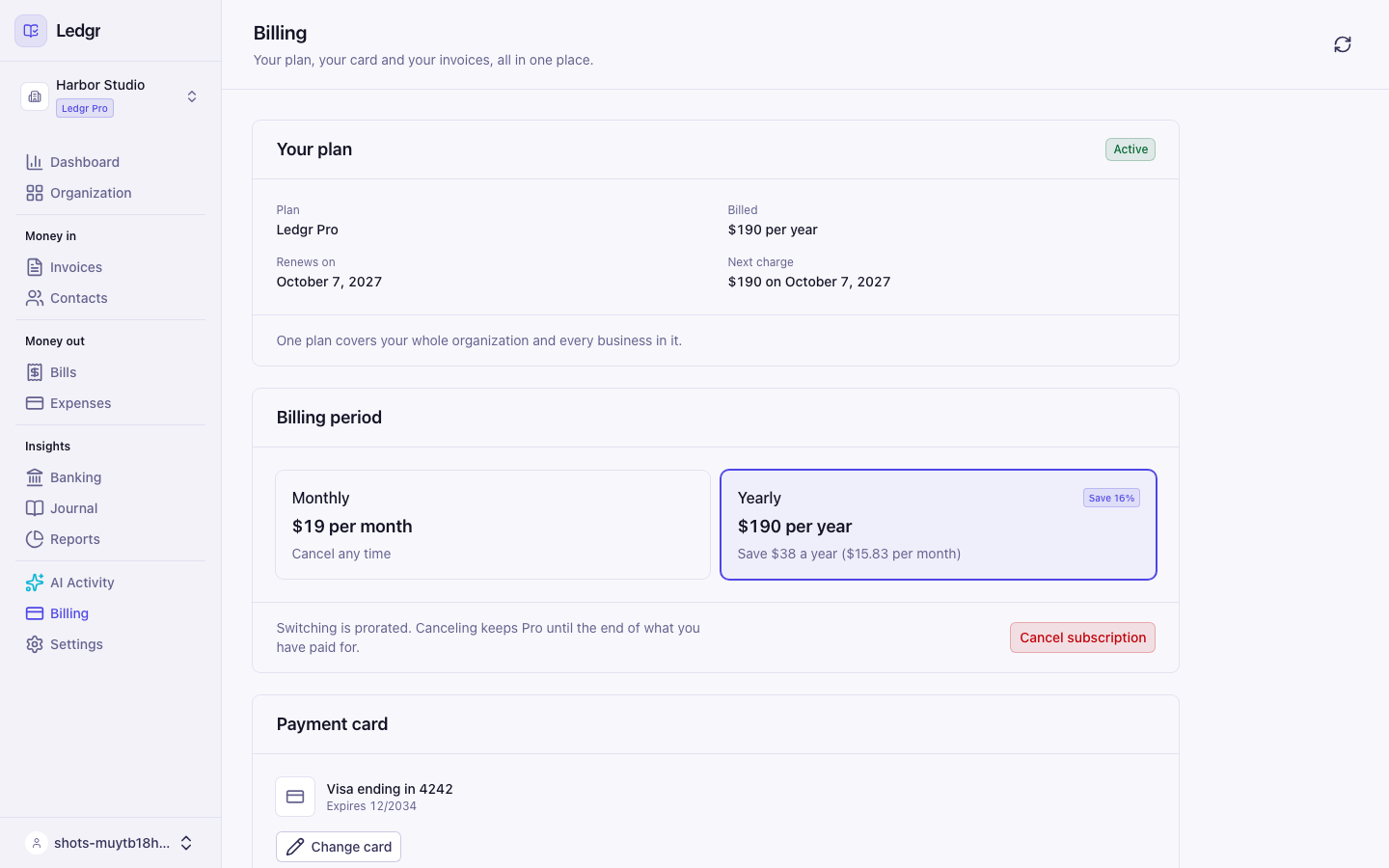 The Billing page for an organization on Pro, showing the plan, billing period, card and invoices