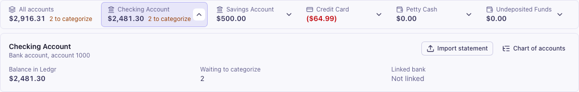 The row of accounts with the Checking Account selected, and its details open underneath showing its balance, two lines waiting to categorize, and no linked bank