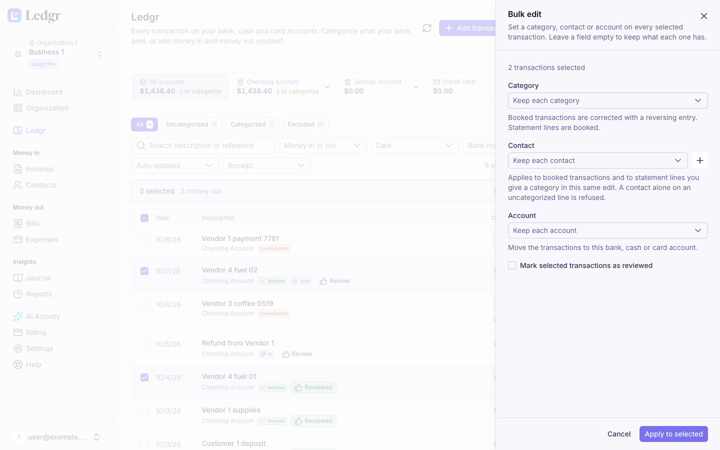 The Bulk edit panel for two selected transactions with Category, Contact and Account set to keep what each row has, and Mark selected transactions as reviewed