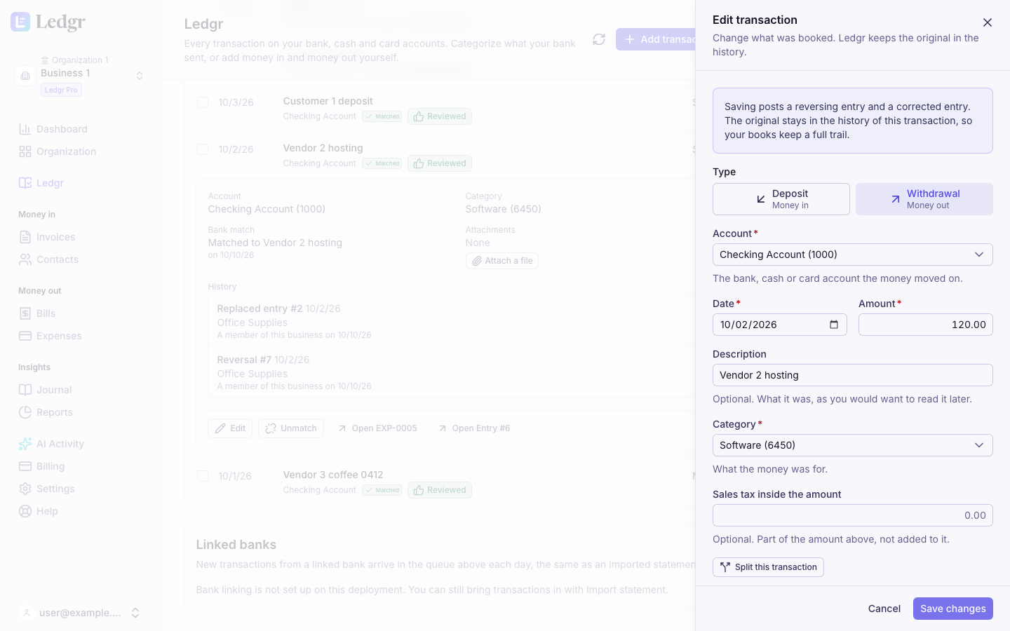 The Edit transaction panel for Vendor 2 hosting with Software as the category, above the row's history showing the replaced entry and its reversal