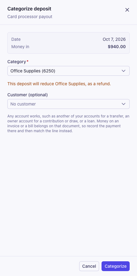 The Categorize deposit window with Office Supplies chosen and a note that the deposit will reduce Office Supplies, as a refund