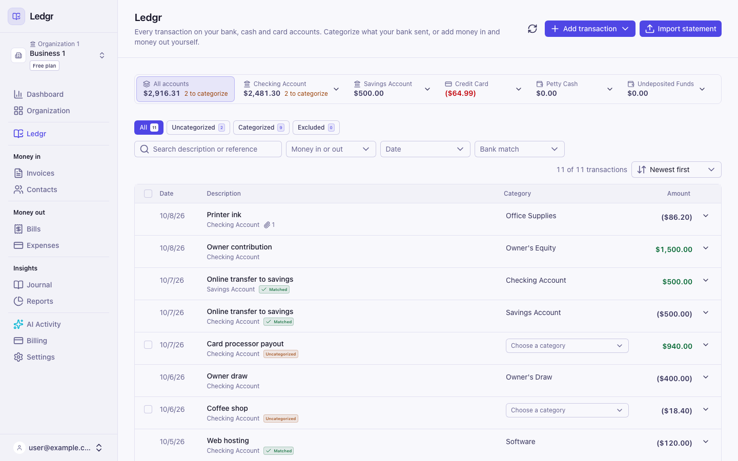 The Books page for Business 1 listing transactions, with two new lines carrying Uncategorized badges and a category picker on each