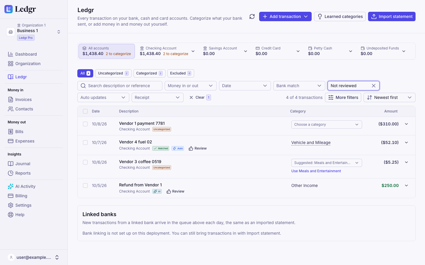 The Books page with the Status filter set to Not reviewed, showing a line waiting for a category, a row Bookledo categorized automatically with a Review button, a learned suggestion, and a deposit recorded by Claude