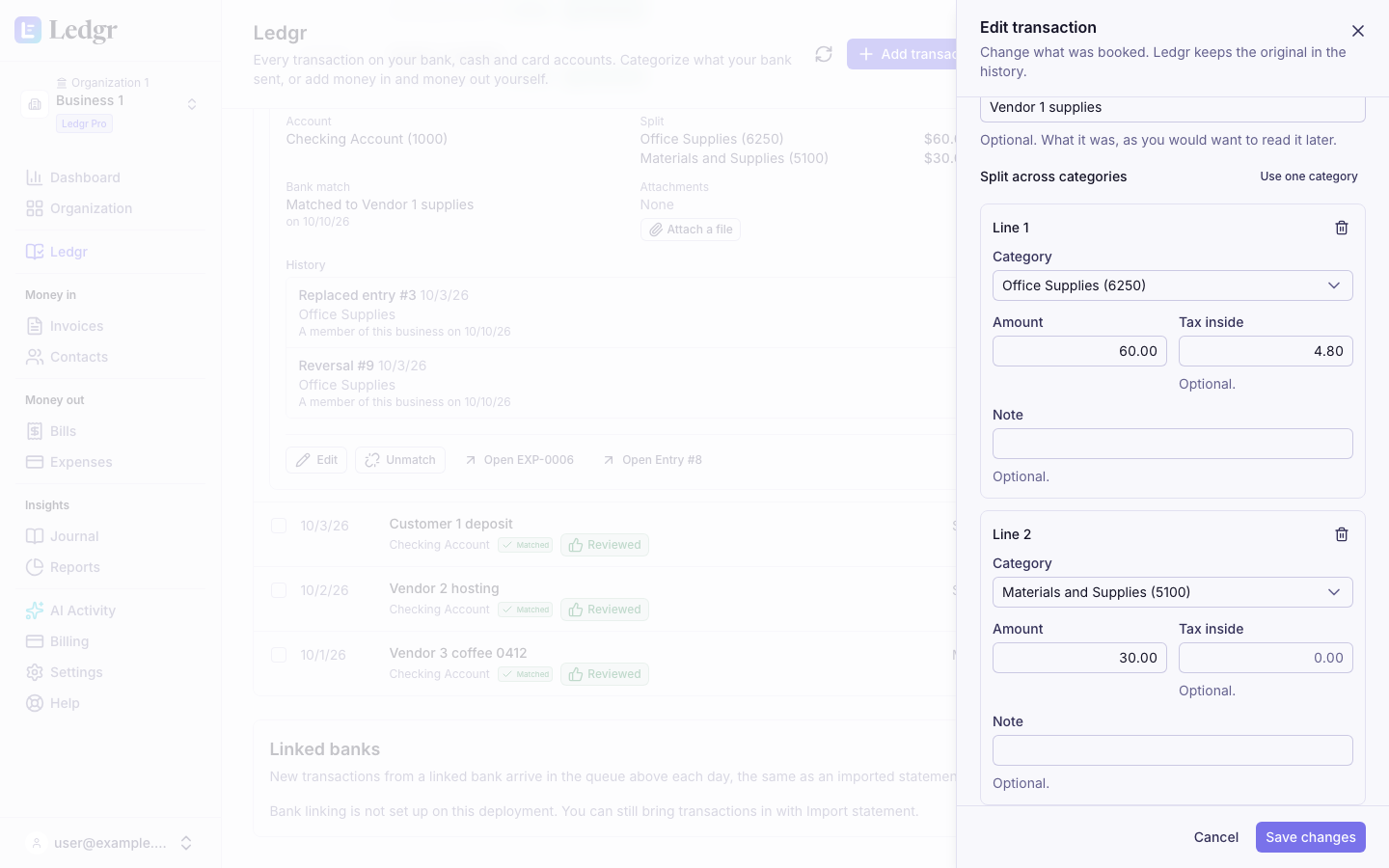 The Edit transaction panel for Vendor 1 supplies split between Office Supplies with 4.80 of tax and Materials and Supplies