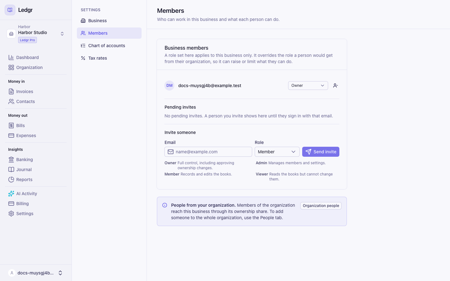 The Members tab of Settings showing the business members list and the note about people from your organization