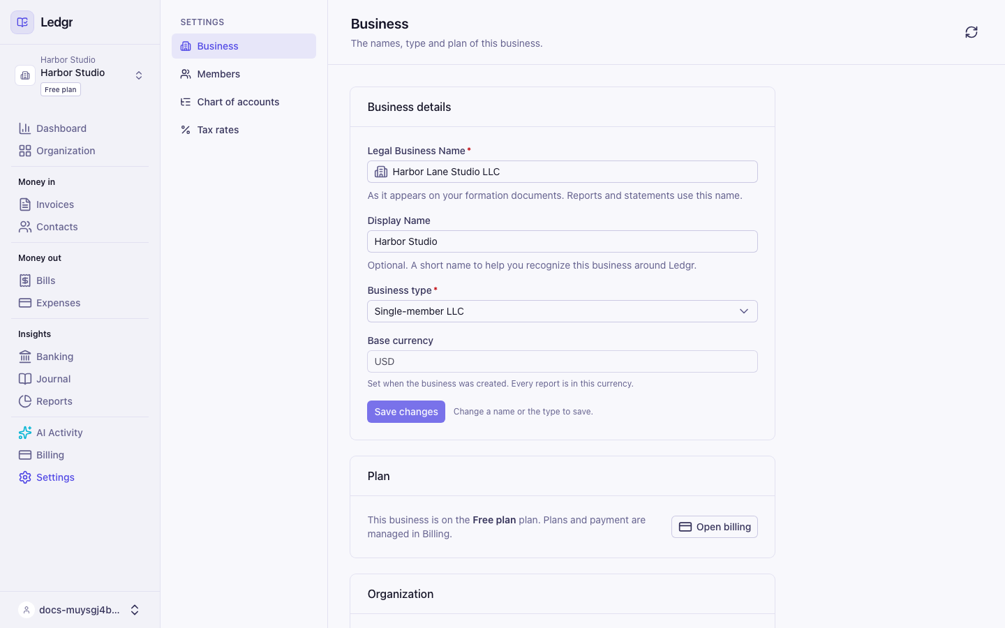 The Business settings tab with Harbor Lane Studio LLC as the Legal Business Name, Harbor Studio as the Display Name, and the Business type picker
