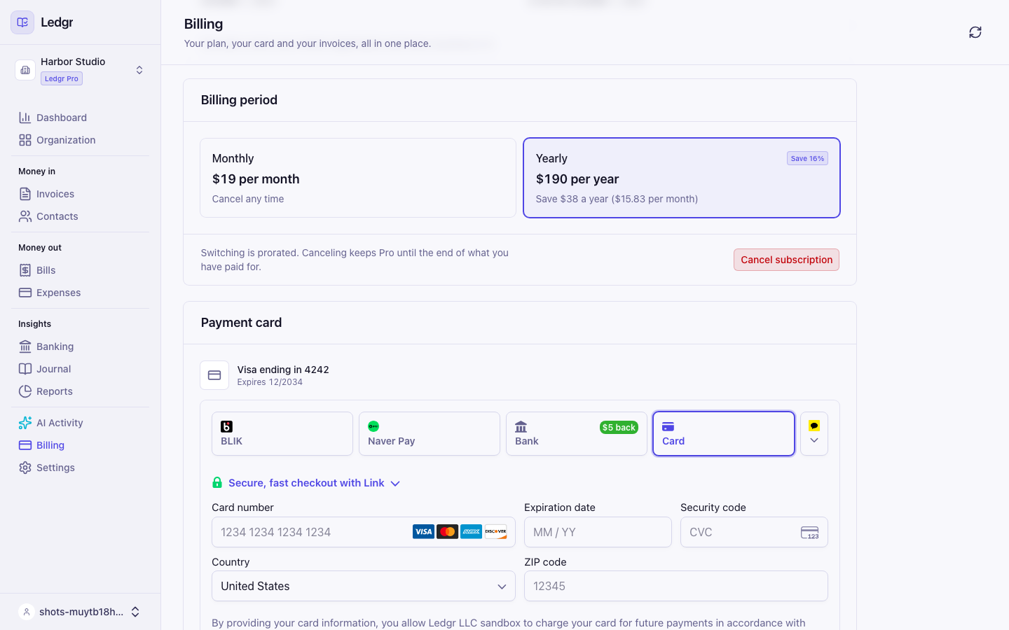 The Payment card section with the secure card form open