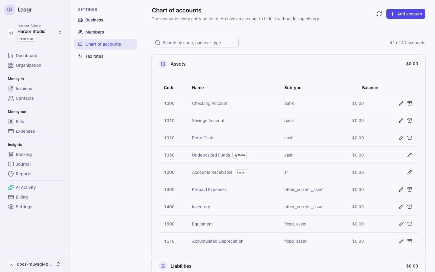 The chart of accounts listing Checking Account, Savings Account, Petty Cash, and other asset accounts with their codes