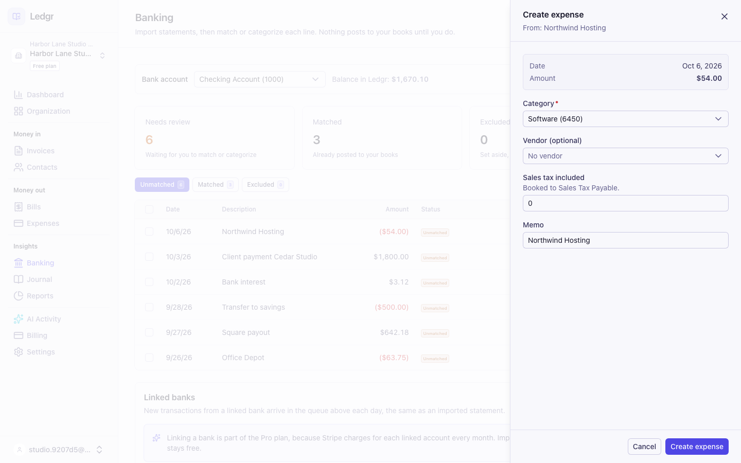 The Create expense panel for a Northwind Hosting line with Software already chosen as the category