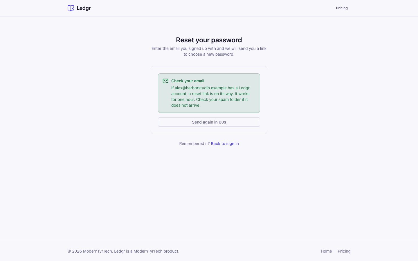 The Check your email message that appears after selecting Send reset link, with a Send the link again button that counts down