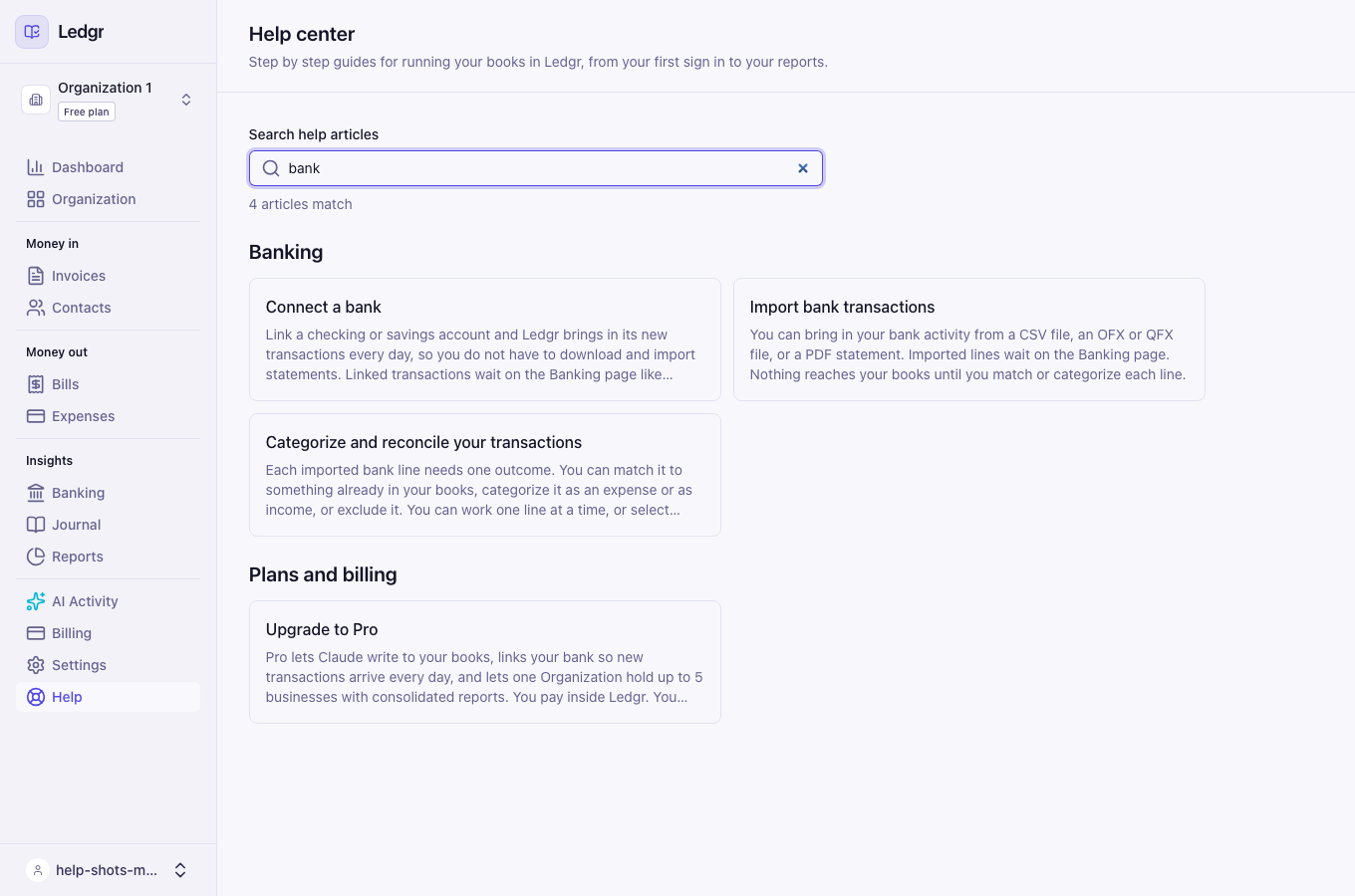 The help center with the word bank typed in the search box and four matching articles listed