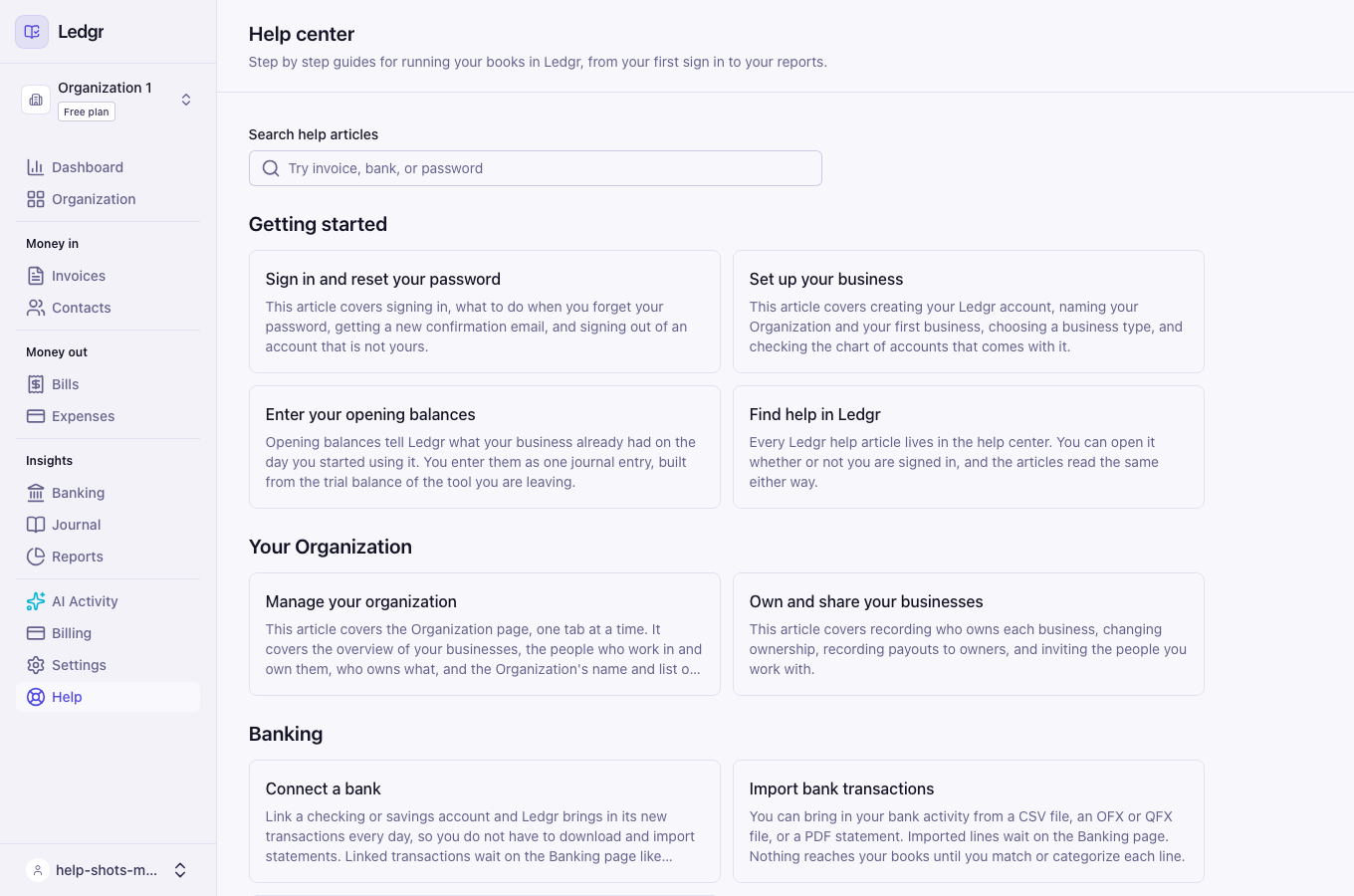 The Bookledo sidebar with the Help entry under Settings, and the help center open beside it