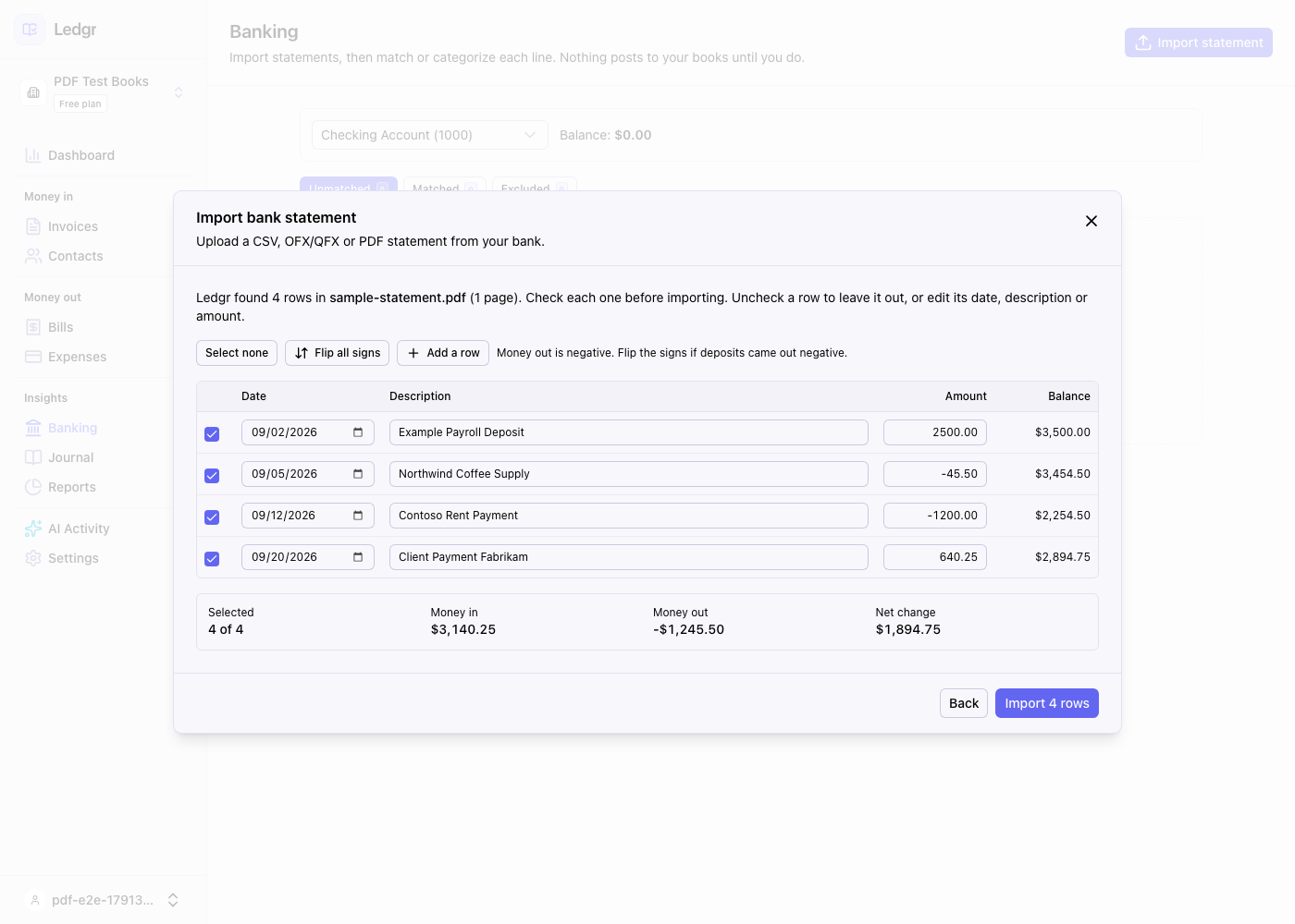The PDF review table with four rows, each with a checkbox, an editable date, description, and amount, and the totals underneath