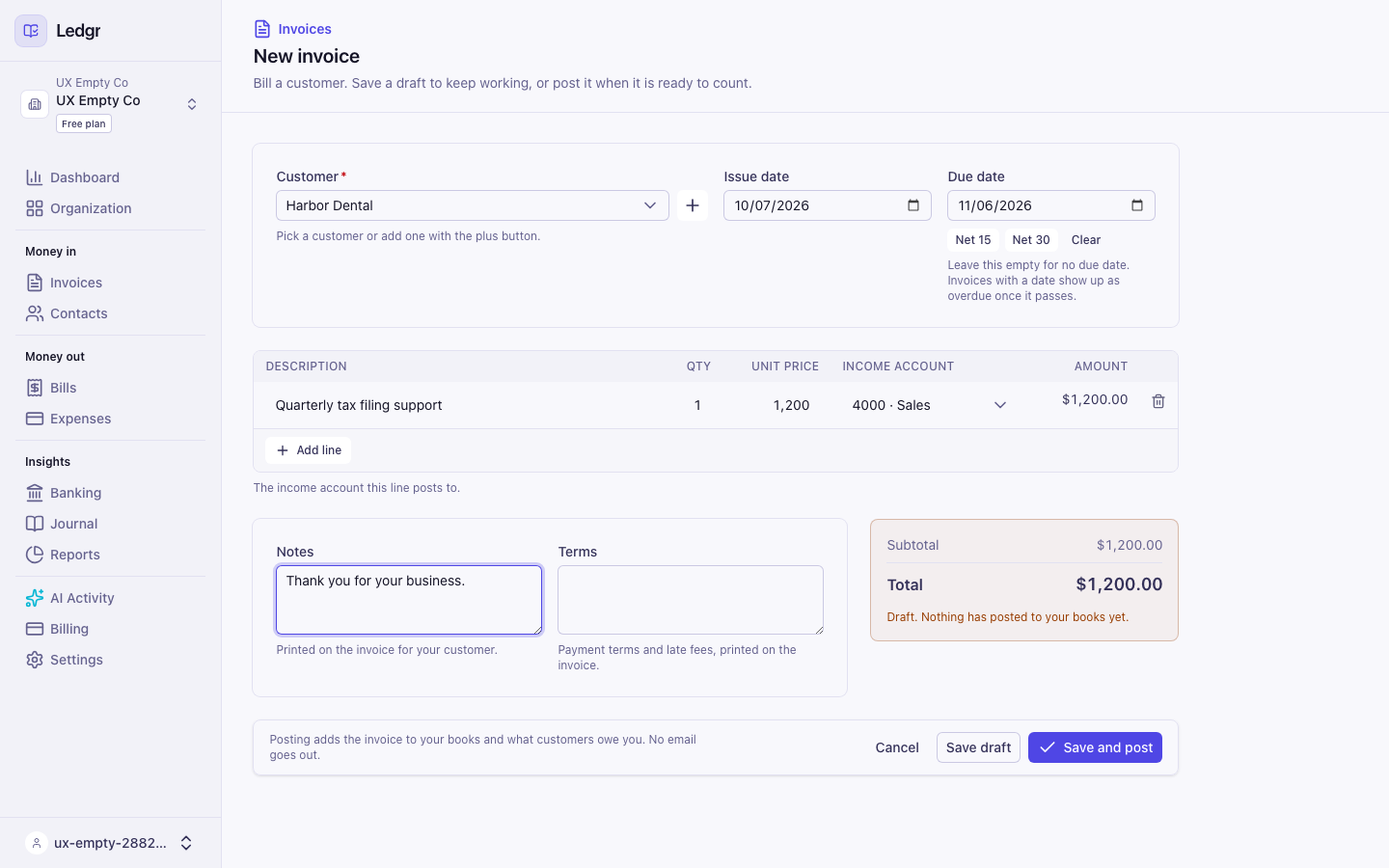 The New invoice page with Harbor Dental as the customer, a Net 30 due date, one line for quarterly tax filing support, and Save draft and Save and post buttons at the bottom