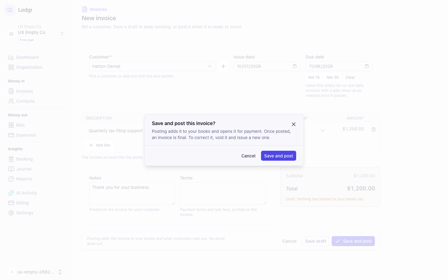 The confirmation window asking you to save and post the invoice