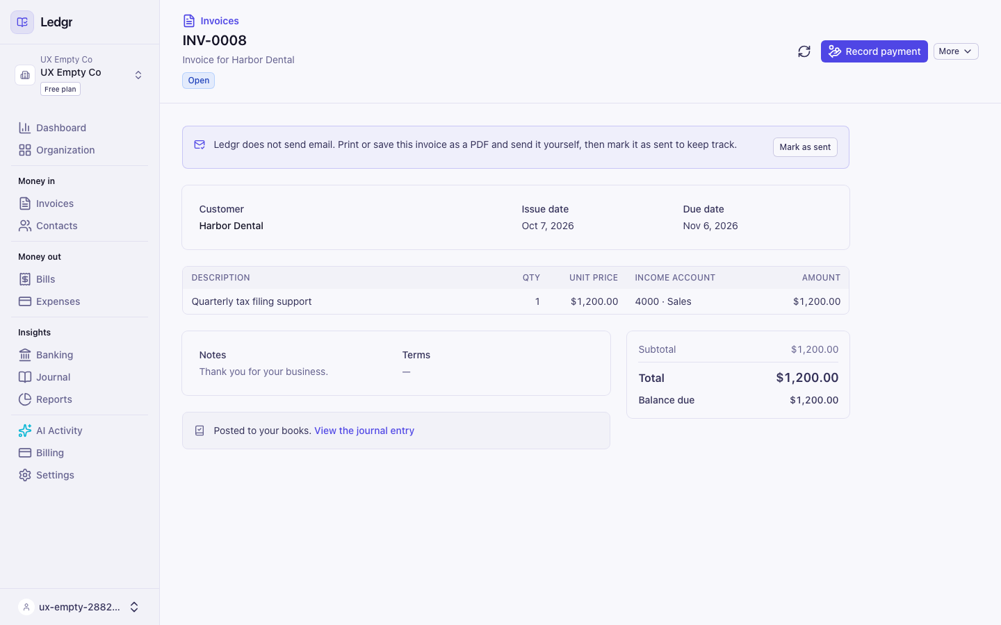 An open invoice with a note saying Bookledo does not send email, a Mark as sent button, and a Record payment button at the top right