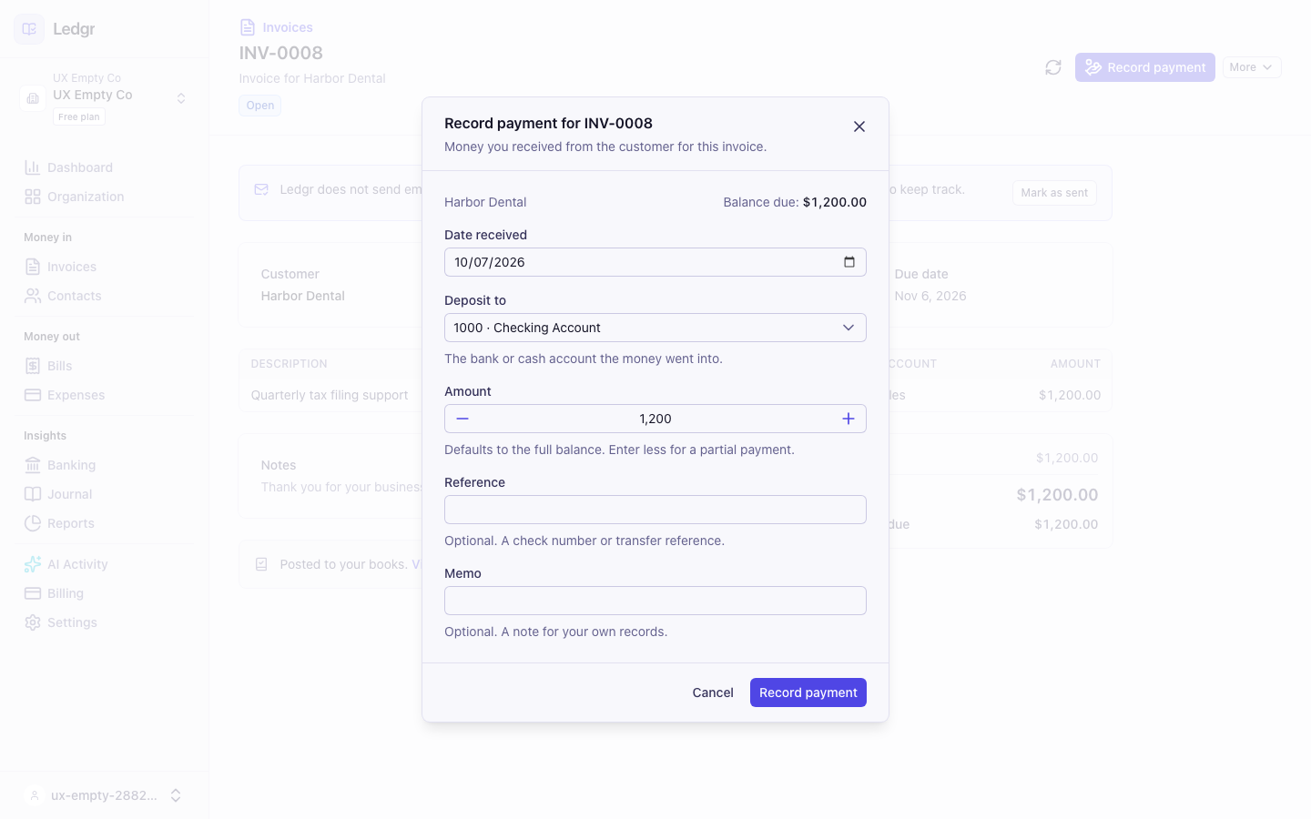 The Record payment window for an invoice, with the date, the deposit account, the amount, a reference, and a memo