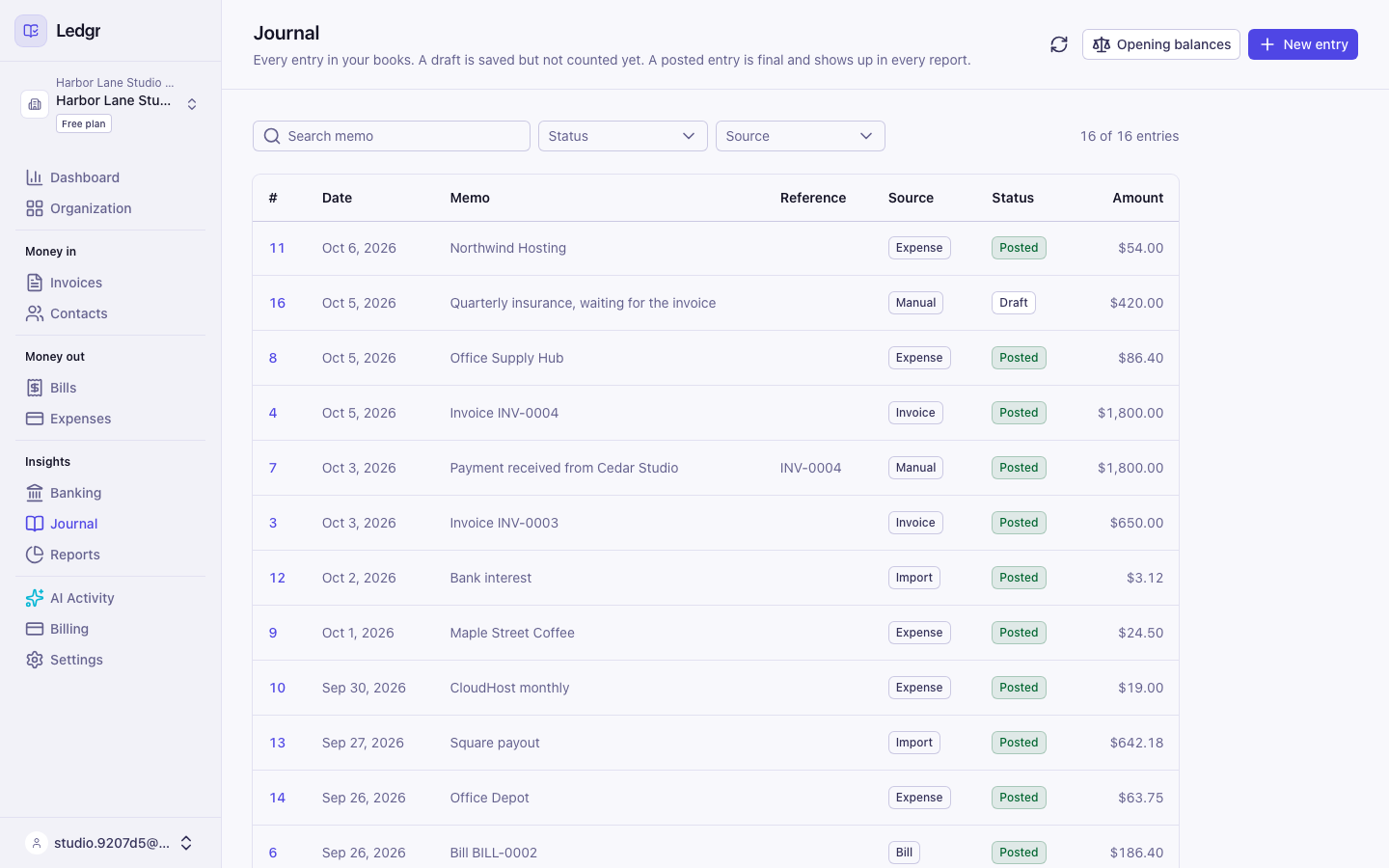The Journal page listing entries with their number, date, memo, source, status and amount, including one draft