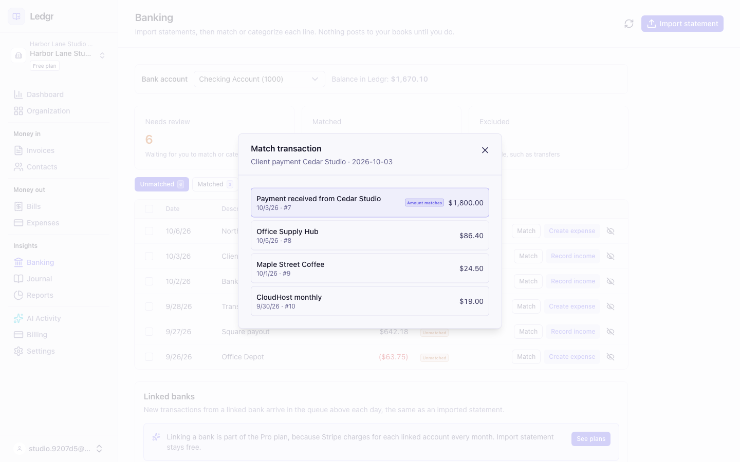 The Match transaction window showing a 1,800.00 payment received marked Amount matches above two other entries