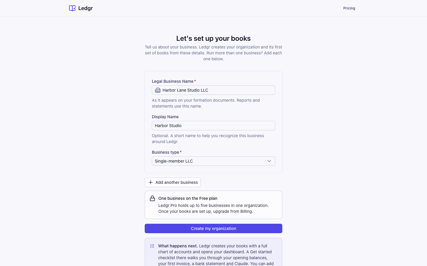 The setup form on the Free plan with the note One business on the Free plan under the Add another business button