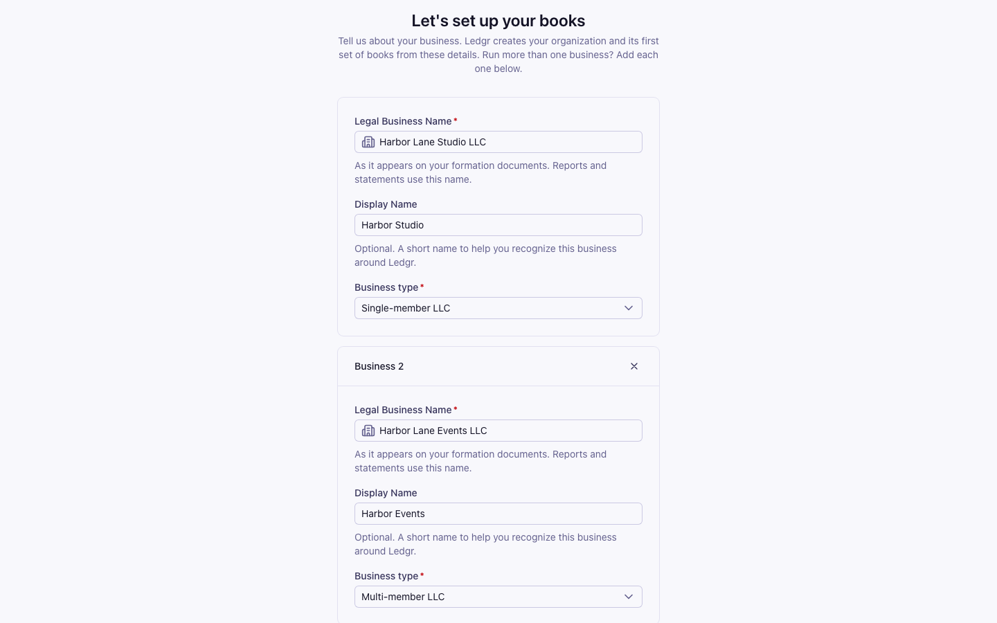 The setup form with Harbor Lane Studio LLC in the first block and a Business 2 block for Harbor Lane Events LLC, with Harbor Events as the Display Name and Multi-member LLC as the type