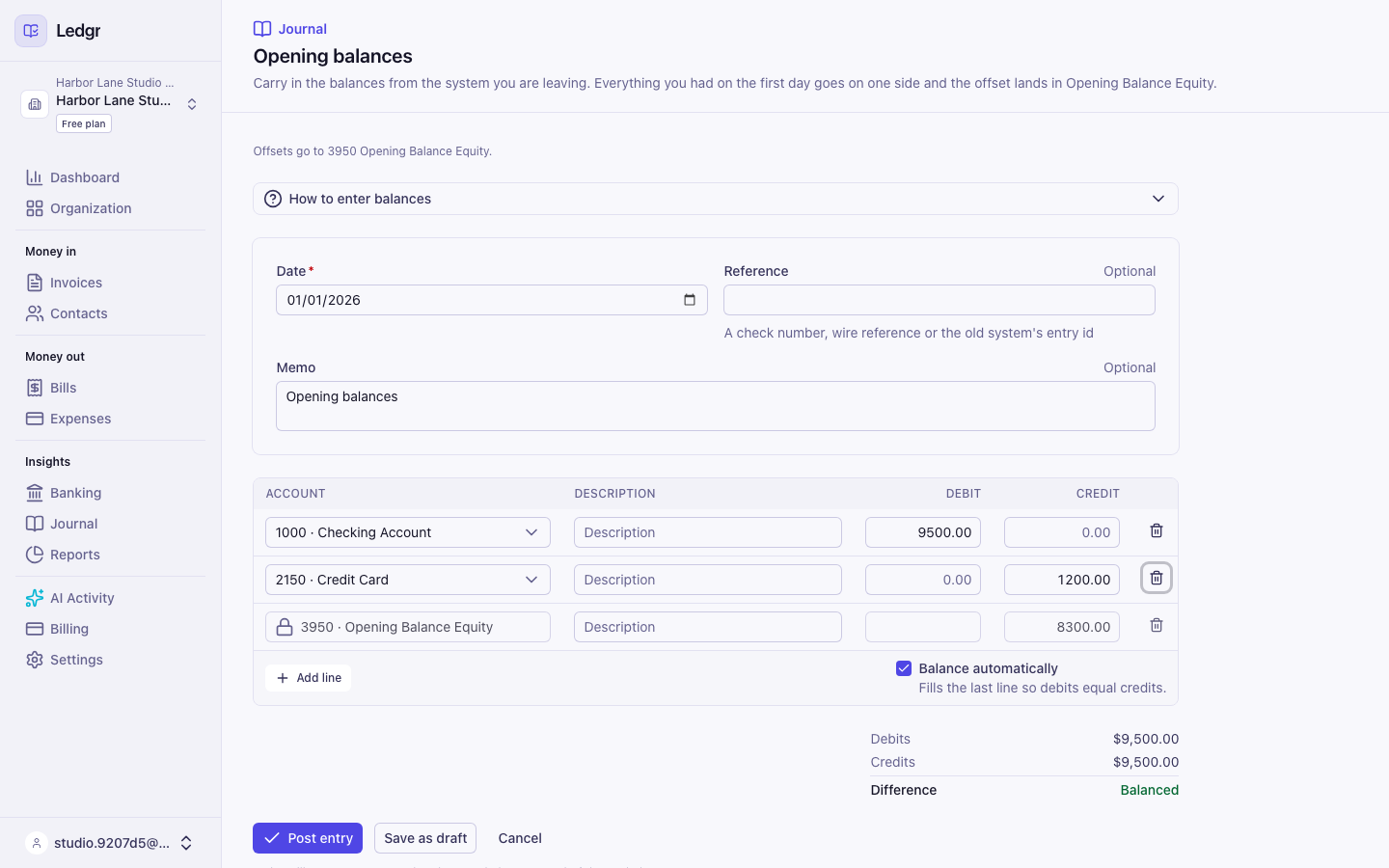 The opening balances form with a checking account debit, a credit card credit and an automatic balancing line