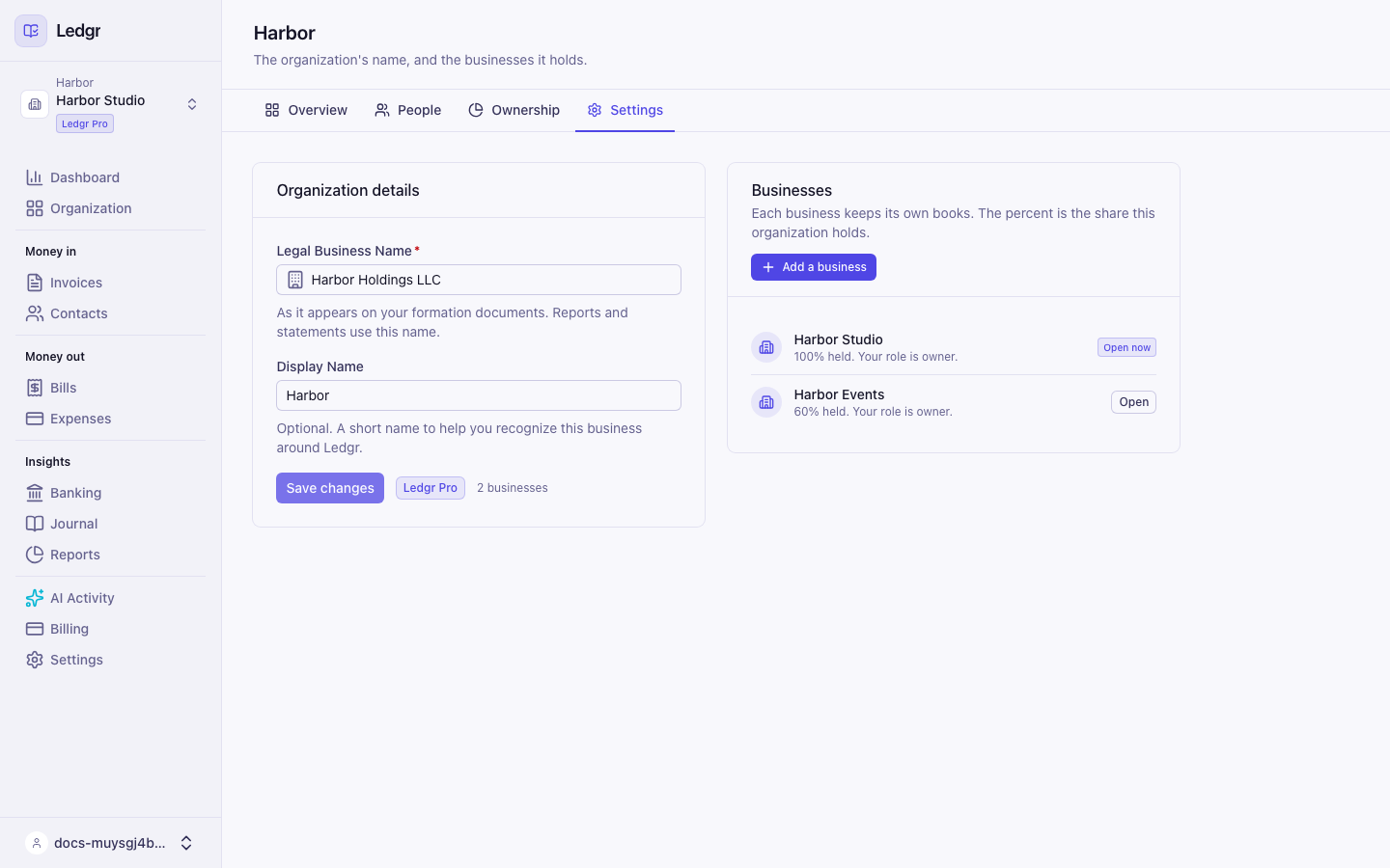 The Settings tab with the Organization details card and the Businesses card