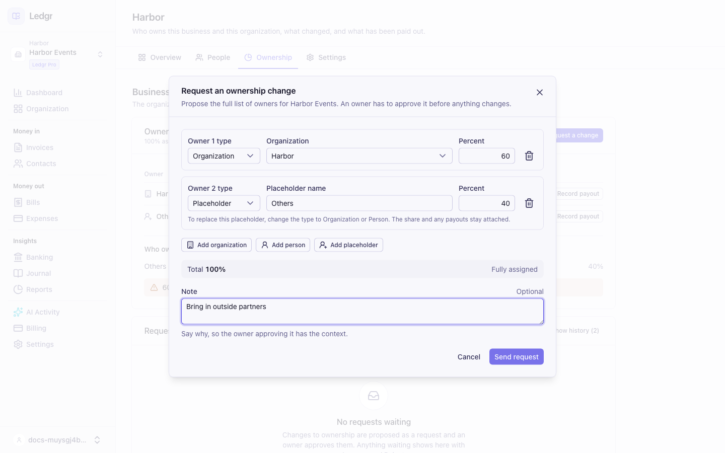 The Request an ownership change window with the Harbor organization at 60 percent and an Others placeholder at 40 percent, a total of 100 percent, and a note reading Bring in outside partners