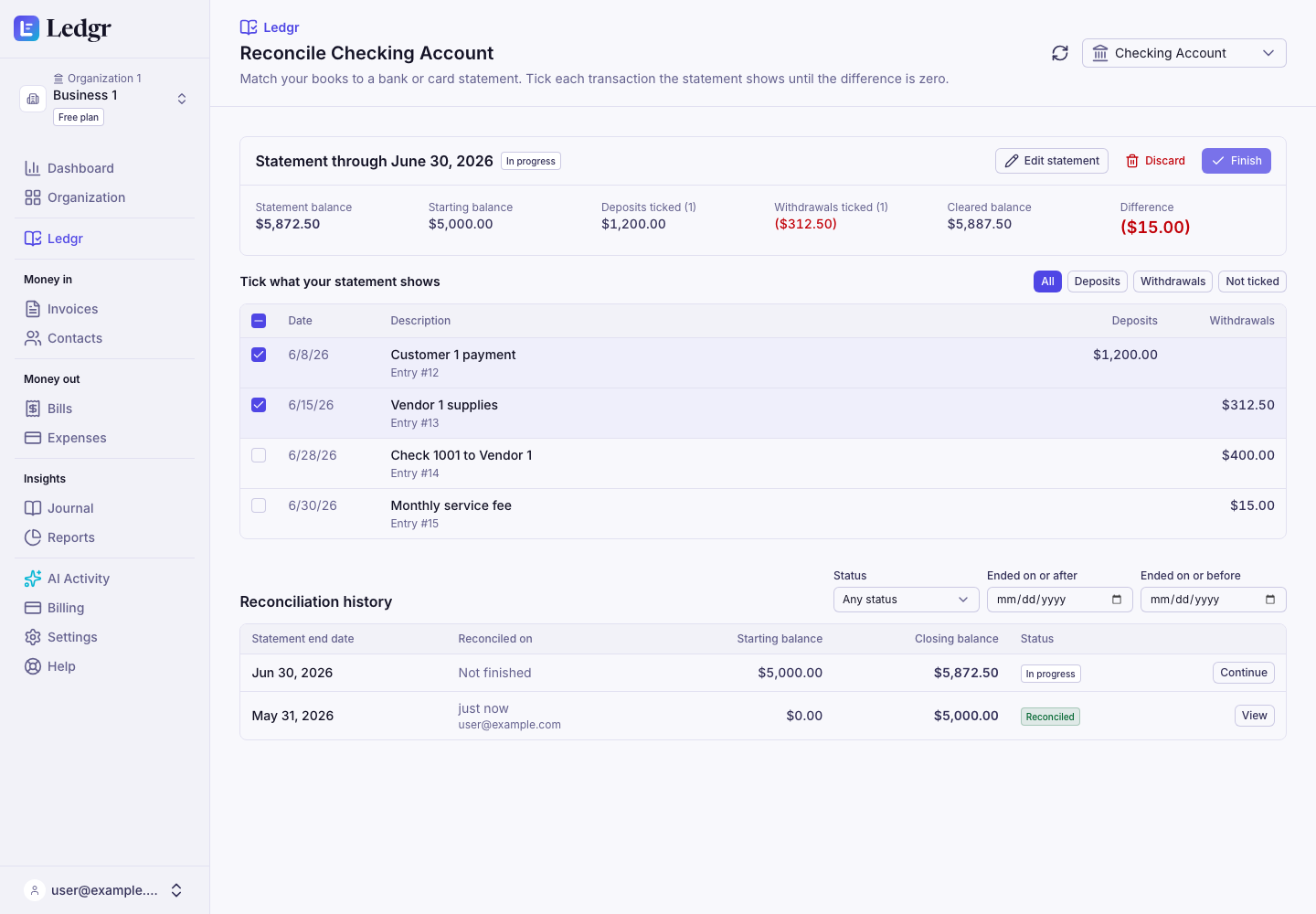 A reconciliation in progress for the statement through June 30, 2026, with the Customer 1 payment and the Vendor 1 supplies ticked, a check to Vendor 1 and a service fee not ticked yet, and a difference of $15.00 still showing