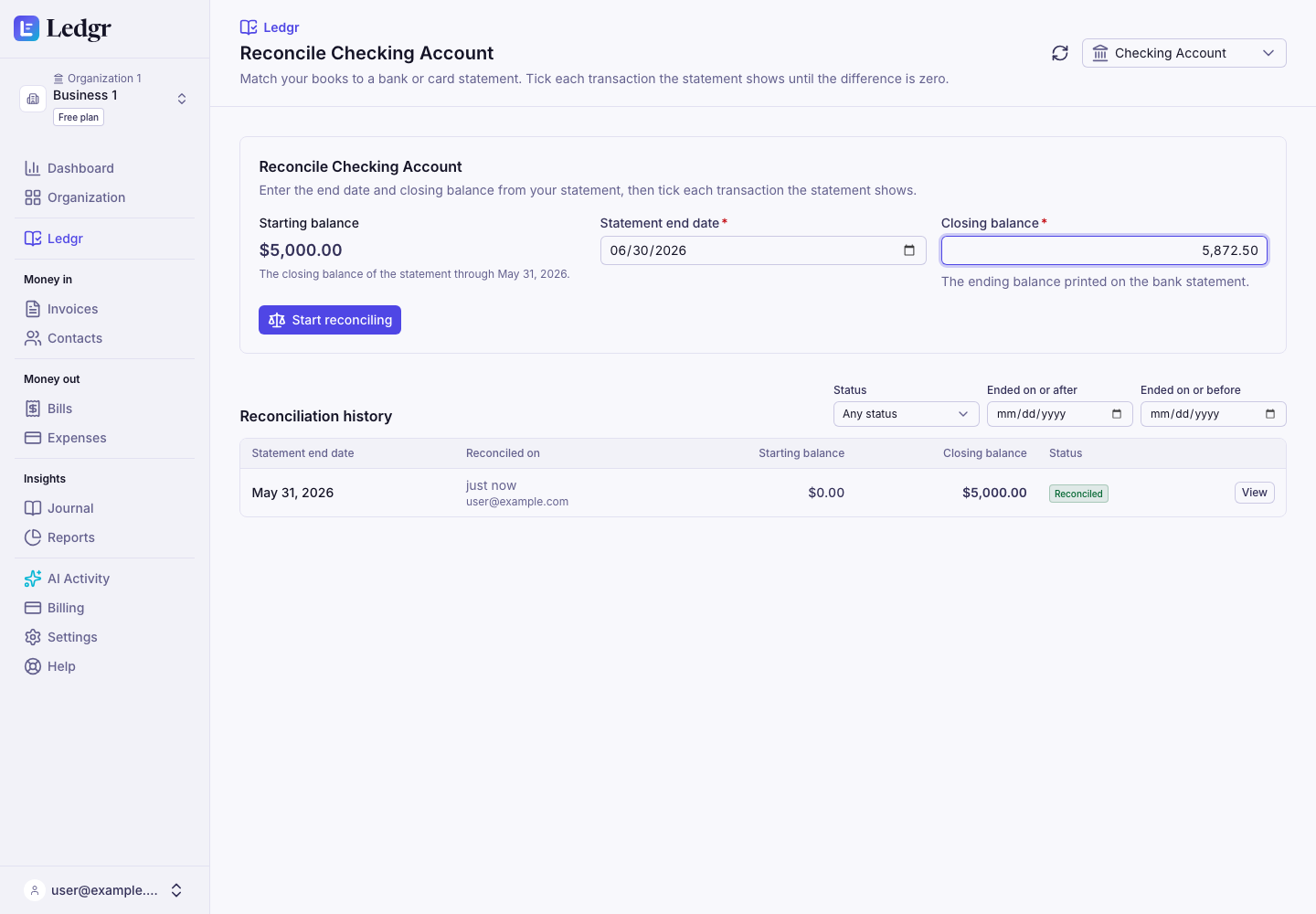 The reconcile page for the Checking Account of Business 1, with a starting balance of $5,000.00 carried from the statement through May 31, 2026, the statement end date and closing balance filled in, the Start reconciling button, and the reconciliation history below