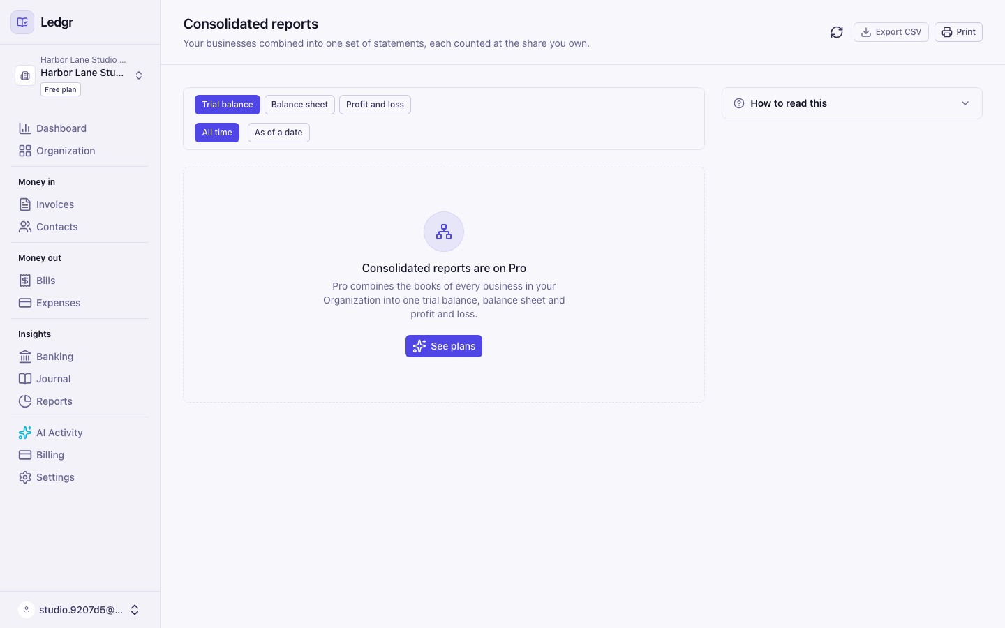 The consolidated reports page on the Free plan with the message Consolidated reports are on Pro and a See plans button