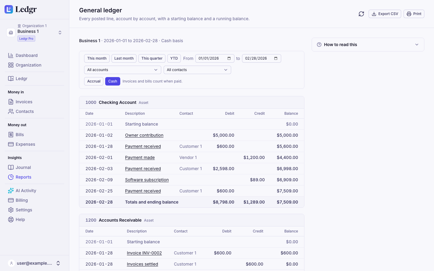 The general ledger with the Checking Account starting at 0.00 and a running balance after each payment