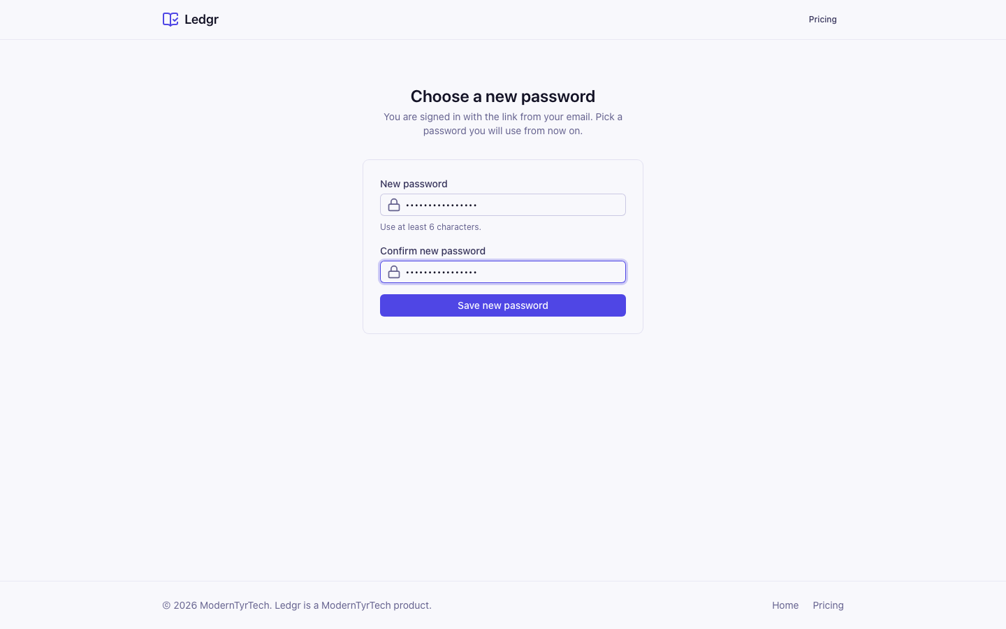 The Choose a new password form with the new password and its confirmation filled in