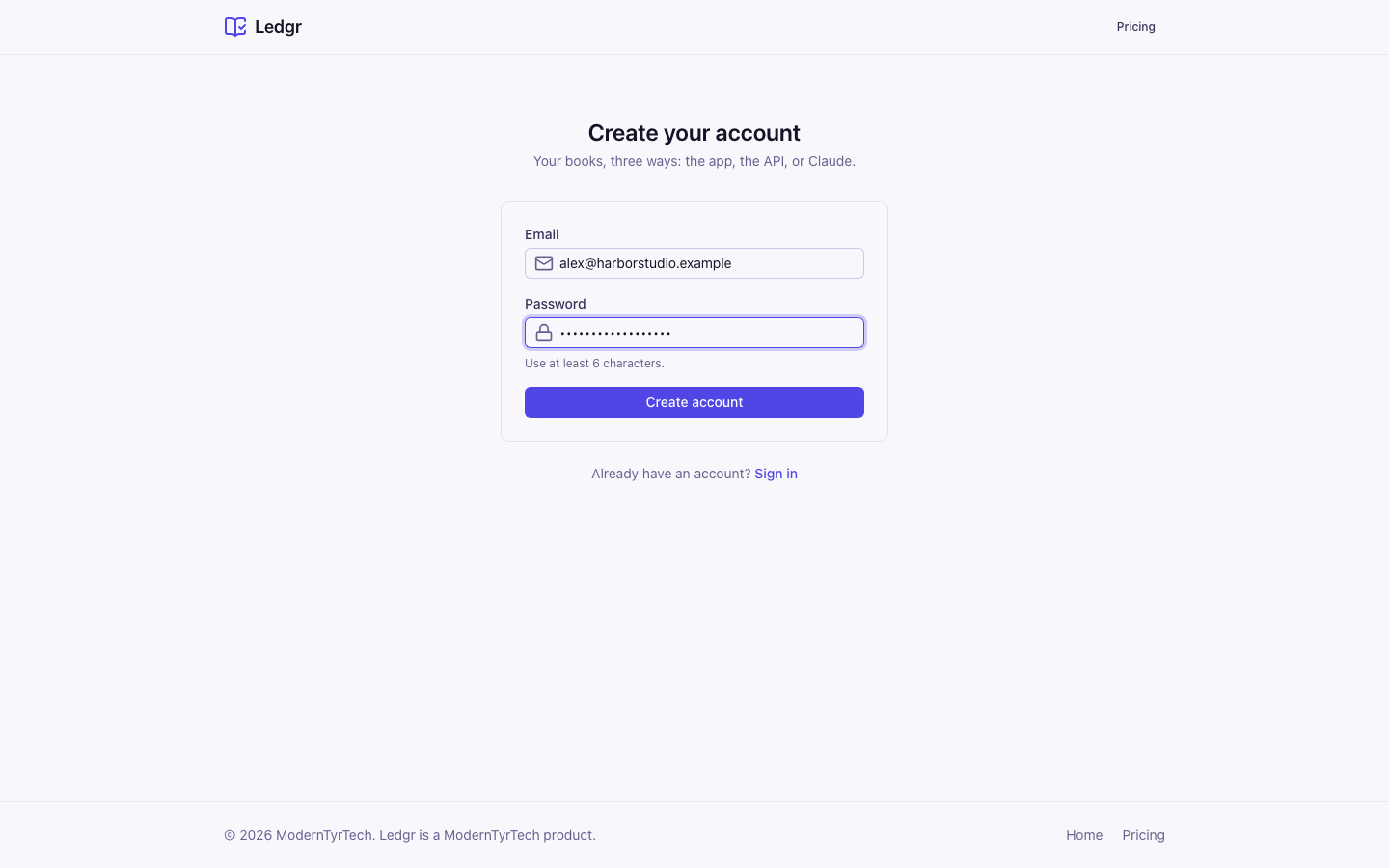 The Create your account form with an email and password filled in