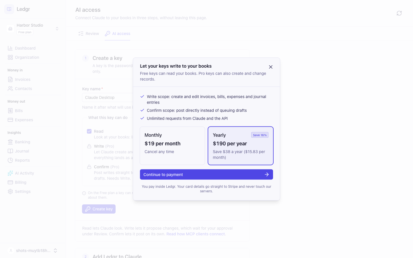 The upgrade window with the list of what Pro adds and the Monthly and Yearly choices