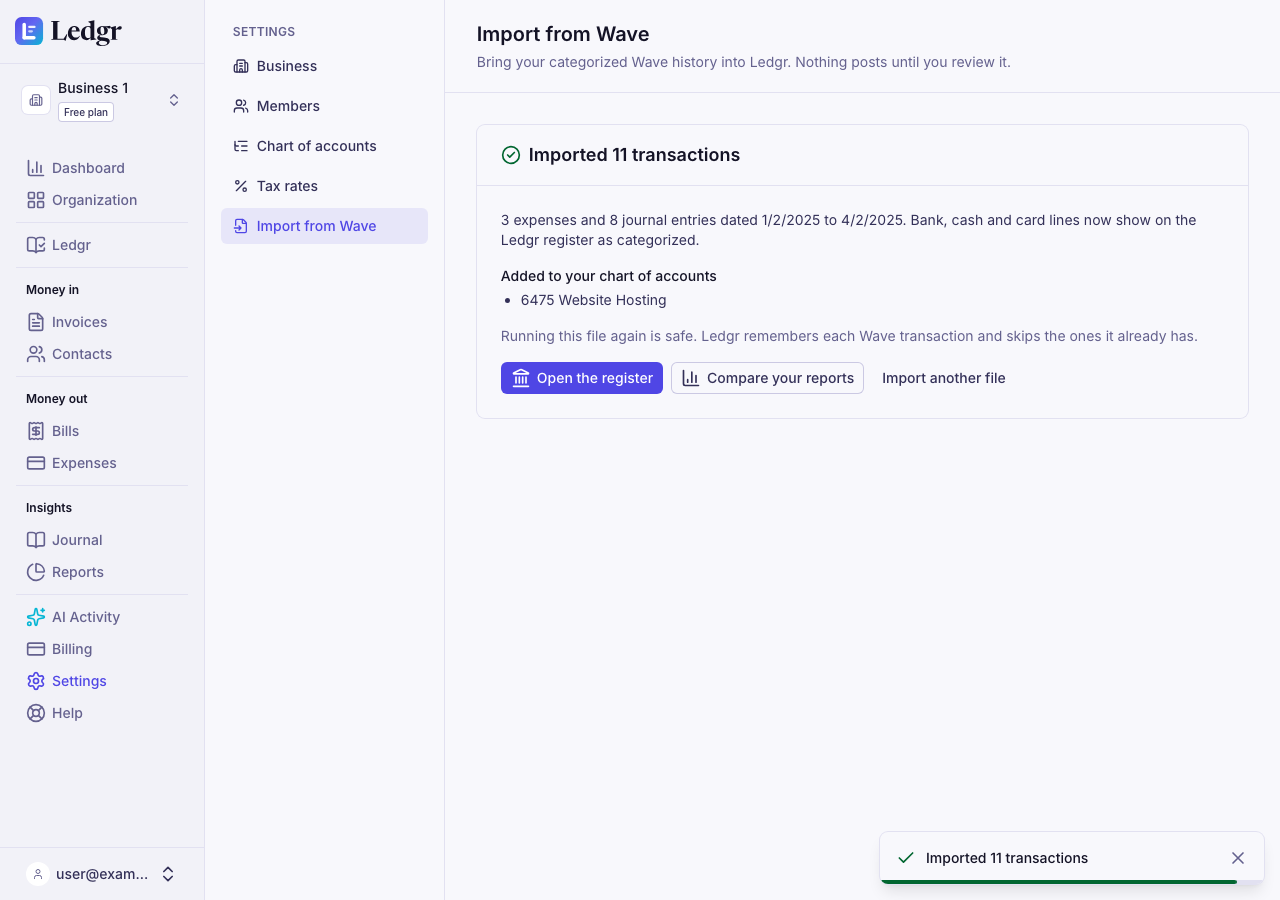 The result with the number of transactions imported, the new accounts, and links to the register and reports