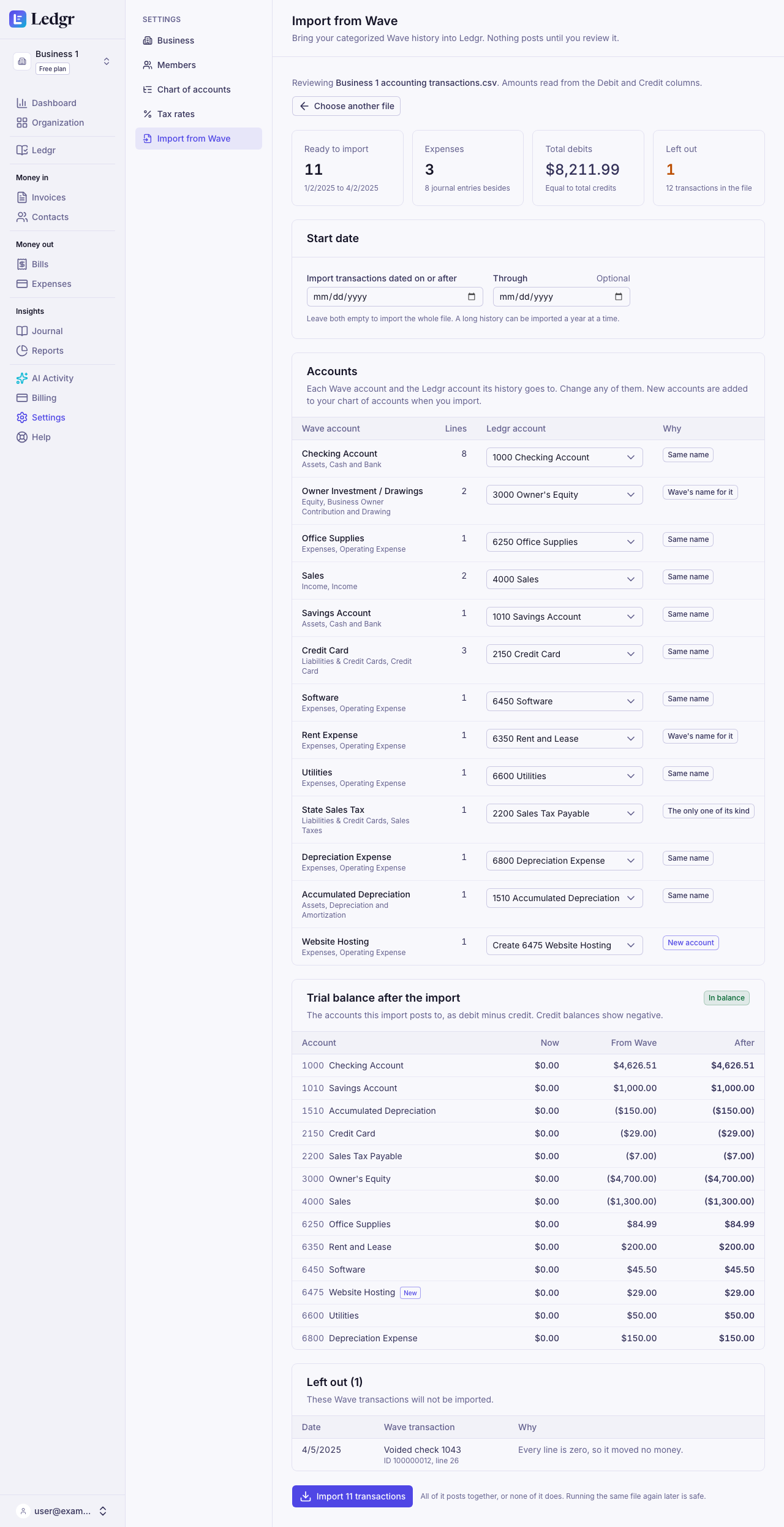 The review with the counts at the top, the start date, and each Wave account paired with a Bookledo account