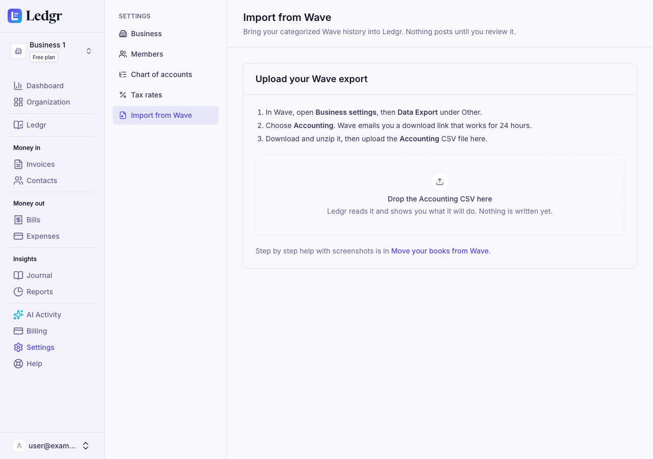 The Import from Wave page with the three export steps and the upload area
